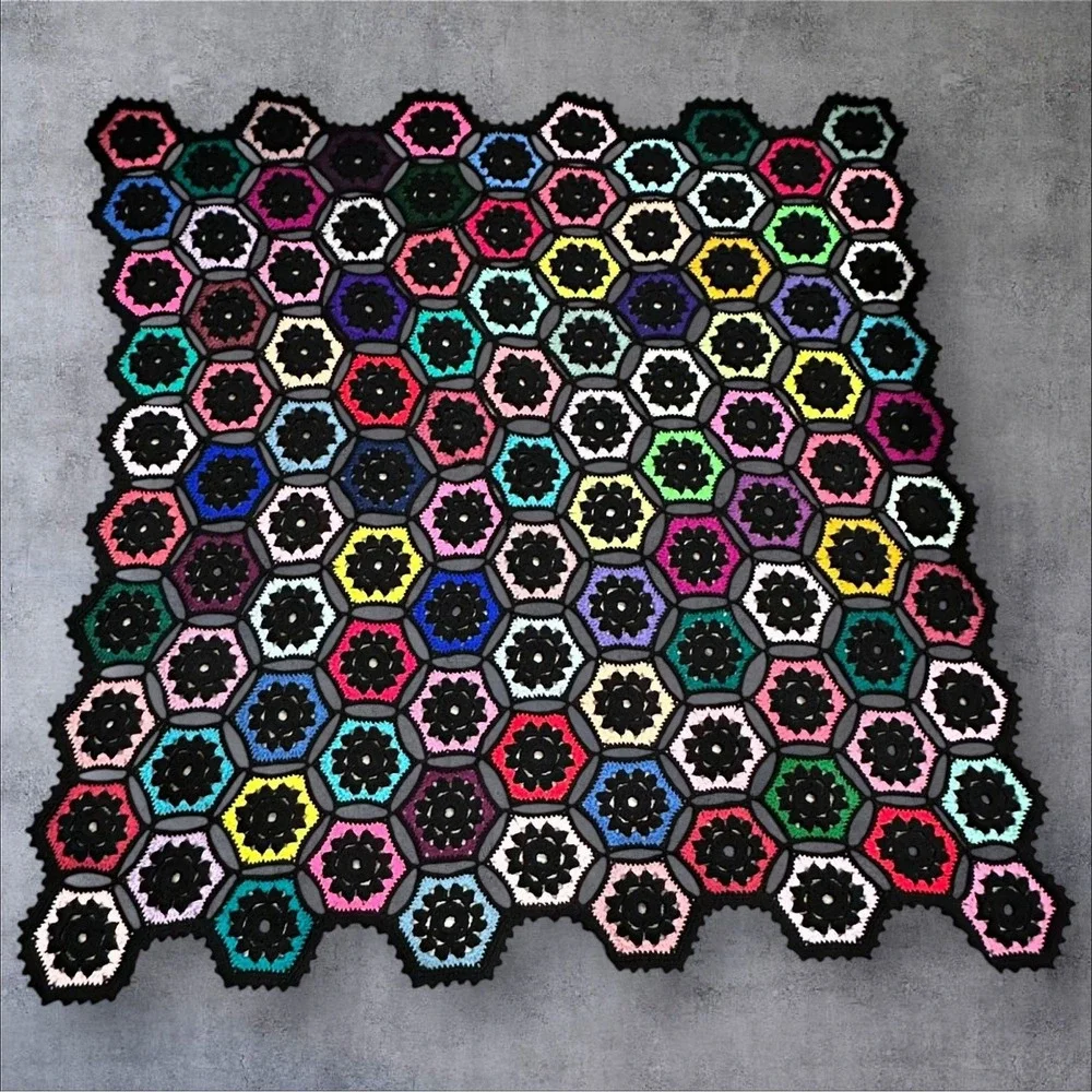 Handmade Crochet Afghan‎ Throw–Retro Hexagon Granny Square–Multicolor & Black
